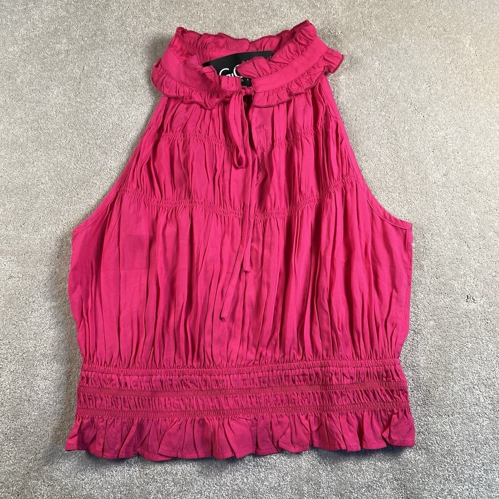 Crop Top Sleeveless Pink Ruffle Gathered Stretch Bottom Halter Tie Neck Womens L